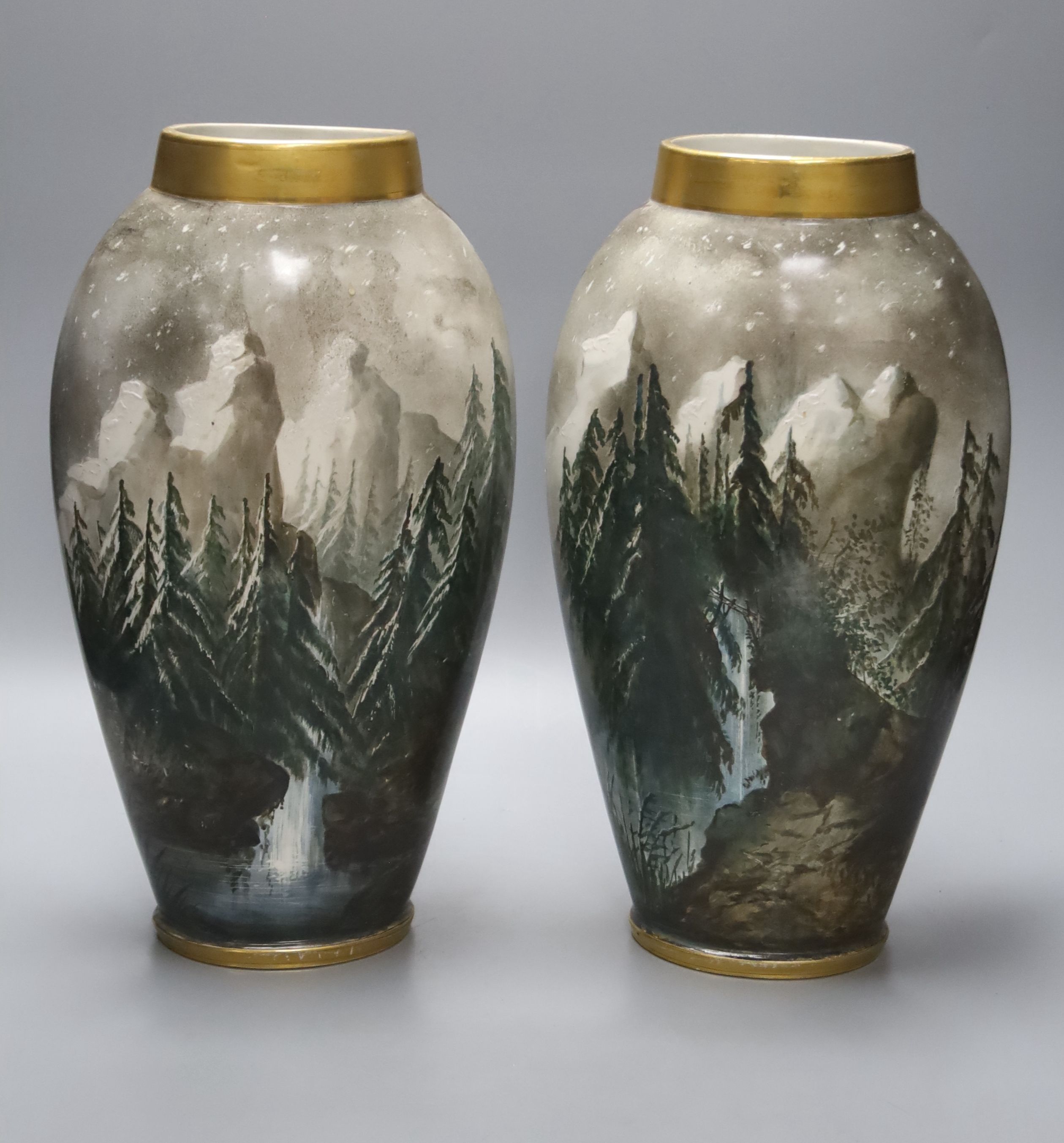 A pair of late 19th century French St Denis painted vases, decorated with birds in a landscape, signed by the artist, height 35cm